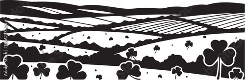 Black and white stylized landscape with shamrocks and rolling hills