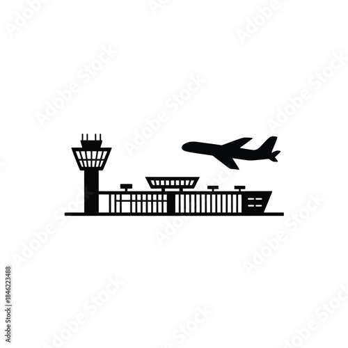 Iconic airport silhouette with a control tower terminal building and passenger airplane taking off travel and transportation symbol