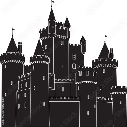 Silhouette of a grand medieval castle with multiple towers and battlements