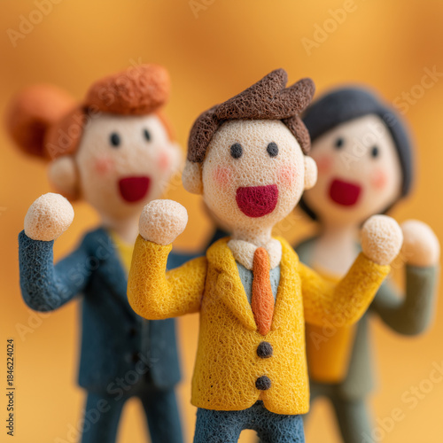 Three people are standing together, one of them is wearing a yellow suit and tie. They are all smiling and seem to be celebrating something