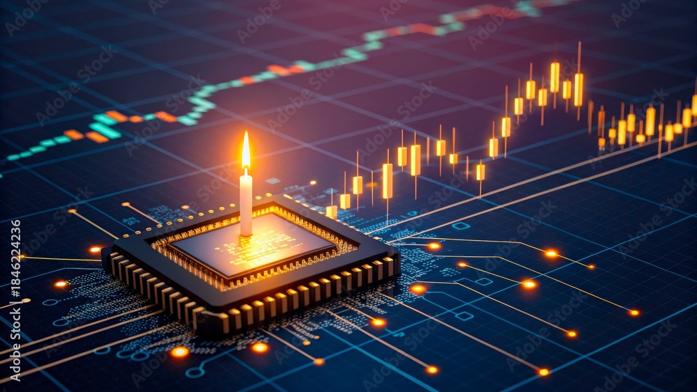 Fototapeta premium Growing technology candle on a microchip with a data graph background showing upward trend