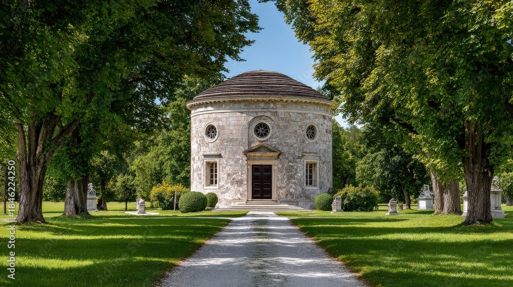 Naklejka premium Imposing classical stone building sits centered between tall, mature shade trees leading from a gravel path