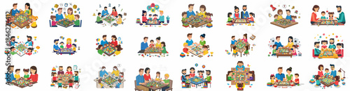 Diverse families and friends playing board games, card games, and strategy games together, illustrating fun indoor leisure, competition, and quality time.