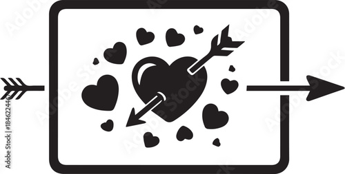 Black and white illustration of a heart pierced by an arrow surrounded by smaller hearts