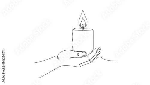 A single continuous line drawing of a hand holding a lit candle, symbolizing hope and remembrance.