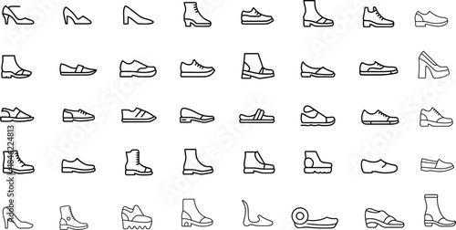 Shoes Line Icon Set with Sneaker, Running Shoe, High Heel, Sandal, Boot, Loafer, Slipper, Flat Shoe, Sports Shoe and Formal Shoe. Outline Vector Icons