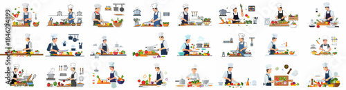 Vector set of professional chefs cooking and preparing healthy meals, featuring various scenes of chopping vegetables and using kitchen utensils on a white background.