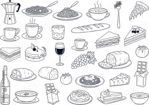 A detailed hand-drawn vector sketch set of food and drink, including coffee, pasta, wine, sandwiches, cakes, and gourmet snacks, perfect for restaurant menus and culinary art.