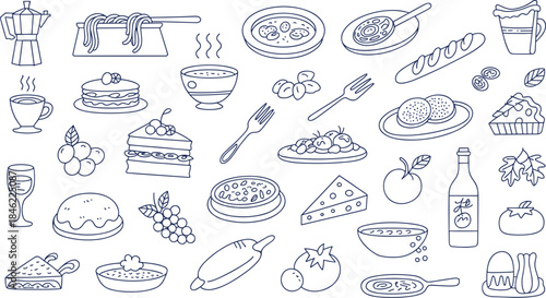 A vast doodle-style vector collection of outlined kitchen utensils, baked goods, various foods, and beverages, perfect for restaurant menus, cooking blogs, and food graphics.