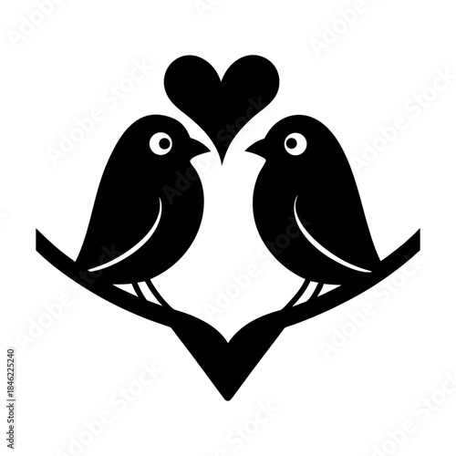 Two Lovebirds on Heart-Shaped Branch – Cute Valentine Vector.