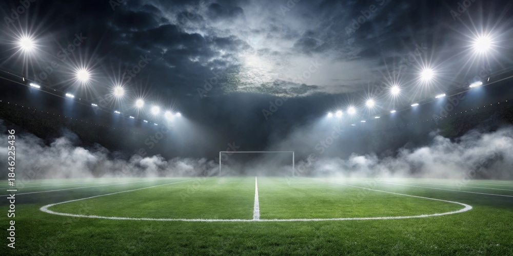 Fototapeta premium Nighttime stadium scene empty field, goal, fog, and bright lights