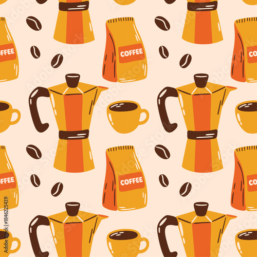 Coffee time vector seamless pattern for menu design with cute cartoon retro colorful illustration of coffee brewing method moka pot, espresso, coffee beans