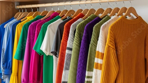 Wallpaper Mural Colorful dresses and sweaters hang on a wooden wardrobe rod. 4k video Torontodigital.ca