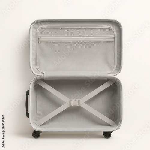 Open empty modern hardshell suitcase top view on white background neat interior lining straps and pockets travel packing concept for vacation trip tourism baggage and lifestyle design