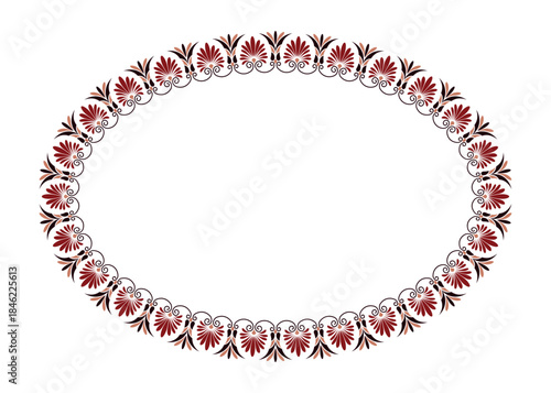 Oval frame Greek porcelain plate with pattern. Oval frame arabesque. Plate with floral elements. Egyptian pattern. Ancient Greece, Roman Empire. Pattern frame for circle ceramics, textiles, plate.