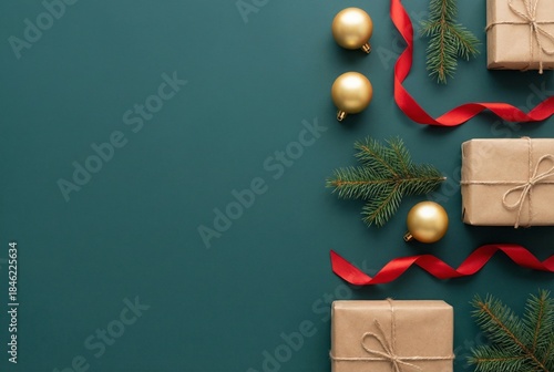 Christmas and New Year 2026 flat lay with wrapped gifts, red ribbon, and golden ornaments on green background
Holiday mockup with copy space for text symbolizing festive season, celebration, and New Y