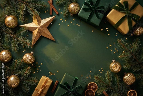 Luxury Christmas and New Year 2026 wreath frame with golden ornaments, gifts, and pine branches
Festive holiday background mockup with copy space for text, winter celebration, and elegant seasonal des