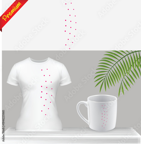White T-Shirt and Mug Mockup Featuring Pink Polka Dots Design on a Table. Minimalist Pattern Apparel and Drinkware Template for Branding and Merchandise Showcase.