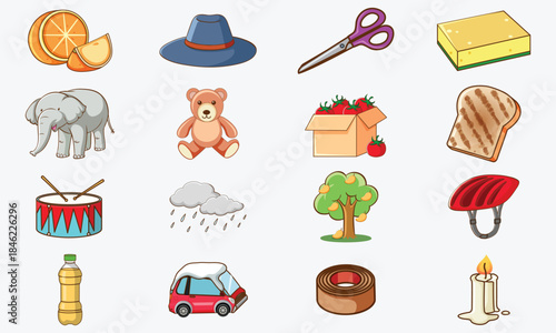 A set of flat vector illustrations in a simple children's style.