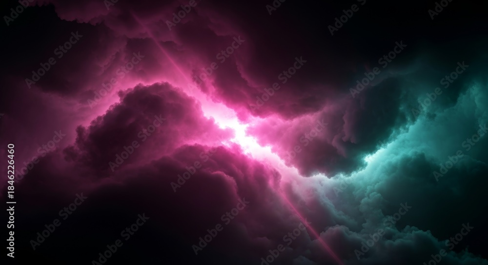 Fototapeta premium Dramatic Neon Clouds: Pink and Teal Cosmic Storm Background