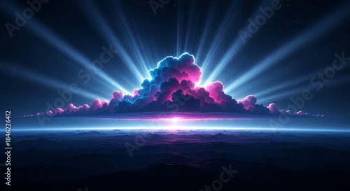 Electric Blue and Pink Cosmic Cloudscape with Radiant God Rays