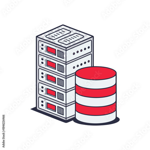 Data Center Server Rack with Database Storage Illustration for IT Infrastructure.