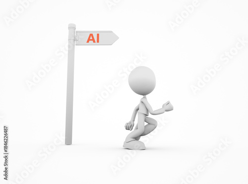 Person looking towards a sign pointing to AI