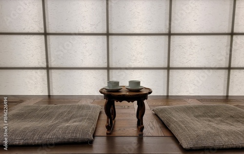 Traditional Korean Seating Area with Low Wooden Table and Tea Cups