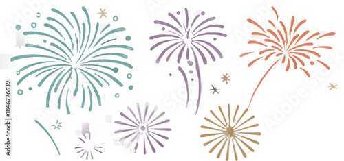 A collection of twelve individual fireworks explosions, depicted against a transparent, checkered background. Each firework varies in shape, size, and color palette. Colors range from blues, greens, p