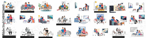 Vector set of couples watching movies or television on the sofa at home, enjoying leisure time, relaxation, and entertainment with popcorn snacks.