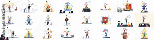Collection of flat vector illustrations depicting open mic performances, poetry slams, and stand-up comedy at cafes and live venues.