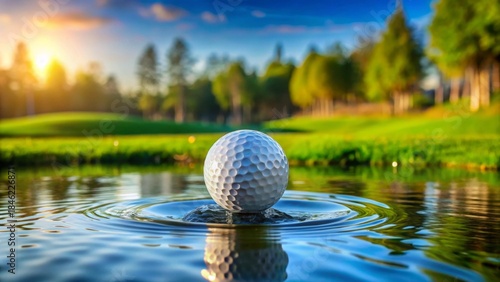Serene Golf Ball Resting on Still Water, Creating Concentric Ripples at Sunset on Lush Green Course