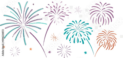 A collection of twelve individual fireworks explosions, depicted against a transparent, checkered background. Each firework varies in shape, size, and color palette. Colors range from blues, greens, p