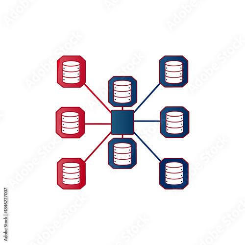 Distributed database network architecture with central server and connected data nodes.