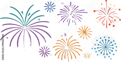 A collection of twelve individual fireworks explosions, depicted against a transparent, checkered background. Each firework varies in shape, size, and color palette. Colors range from blues, greens, p