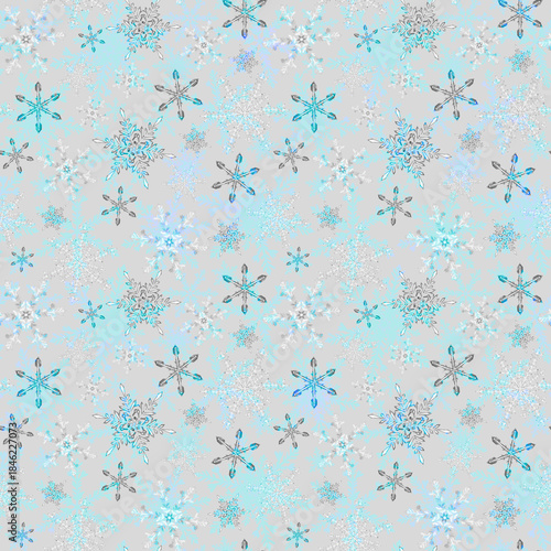 Snowflakes falling seamless winter pattern on grey background