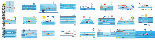 Swimmers and Swimming Pool Vector Illustrations Set: Flat design collection of people exercising, training, and competing in the water.
