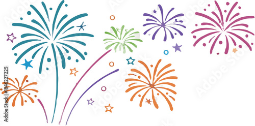 A collection of twelve individual fireworks explosions, depicted against a transparent, checkered background. Each firework varies in shape, size, and color palette. Colors range from blues, greens, p