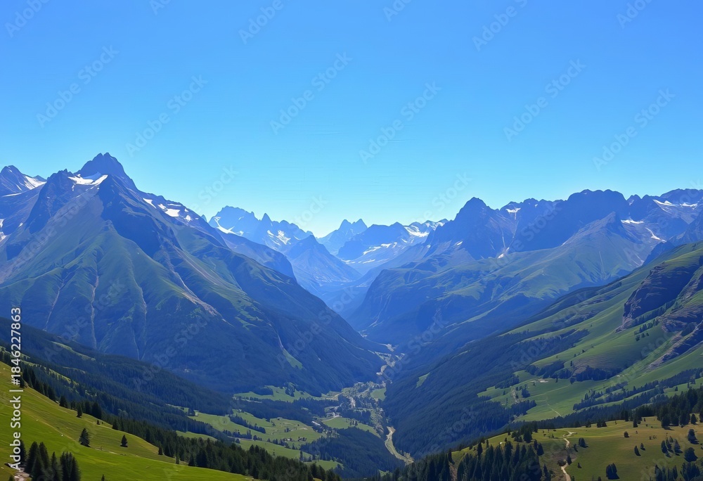 Fototapeta premium Majestic mountain range with lush green valley, clear blue sky, travel, breathtaking