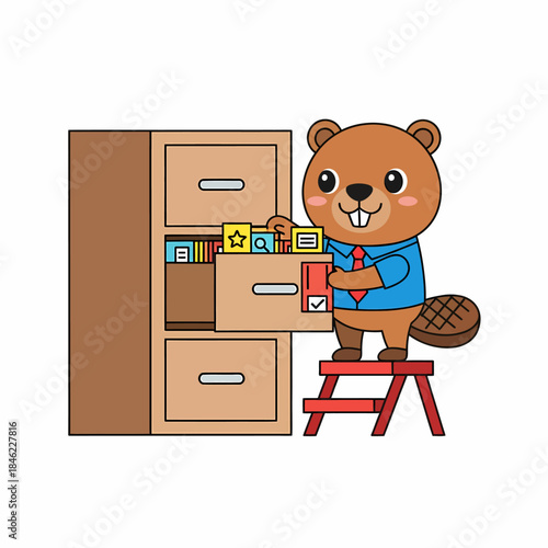 Cartoon Beaver Organizing Filing Cabinet Drawers.