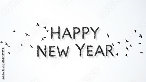 New Year's Greetings with Flight: The message of Happy New Year takes flight amidst a flock of birds, ushering in new beginnings and the promise of a fresh start.