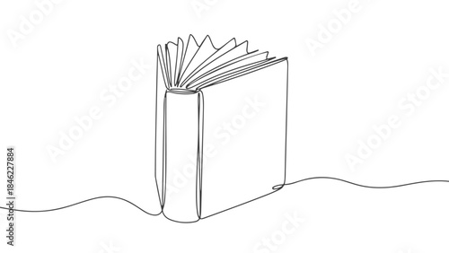 A minimalist line drawing of an open book standing upright on a wavy line.