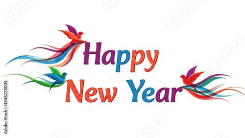 Festive Greeting: A vibrant “Happy New Year” wish adorns the scene with an avian flair. The imagery embodies new beginnings and vibrant joy. 