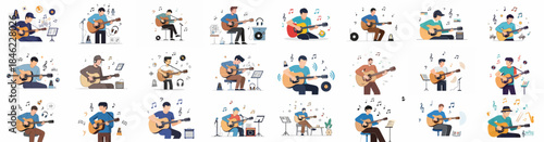 Set of vector illustrations depicting men playing acoustic guitars, composing music, practicing lessons, and enjoying musical performances.