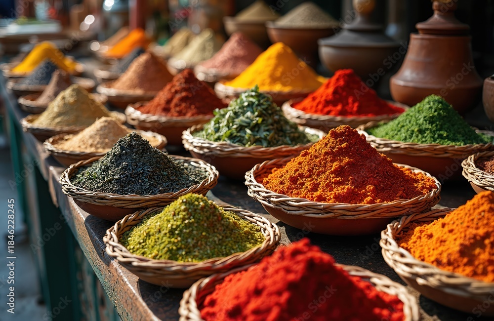 Fototapeta premium Colorful spice mounds displayed in woven bowls at a Moroccan street market. Various powders and herbs piled high for sale, offering aromatic ingredients for cooking and traditional meals.