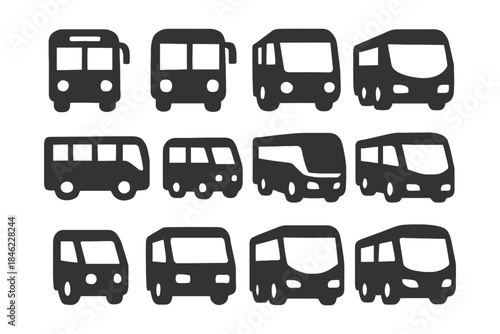 Set of various bus icons in black silhouette style.