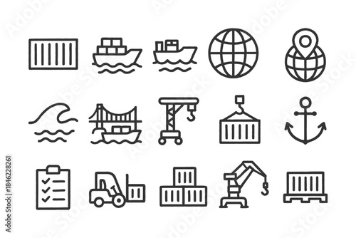 Logistics and shipping icons set: ships, containers, crane, anchor, globe, gps.