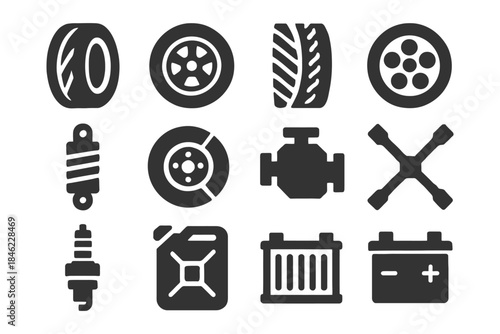 Automobile parts icons set: tire, engine, radiator, battery, and more.