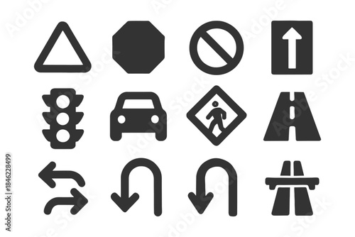 Various traffic signs and symbols for road safety and navigation.