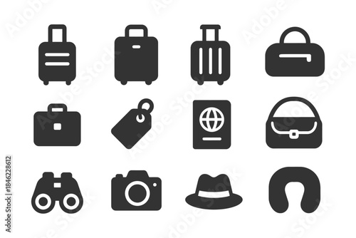 Travel icons set: luggage, passport, camera, binoculars, travel bag, neck pillow.